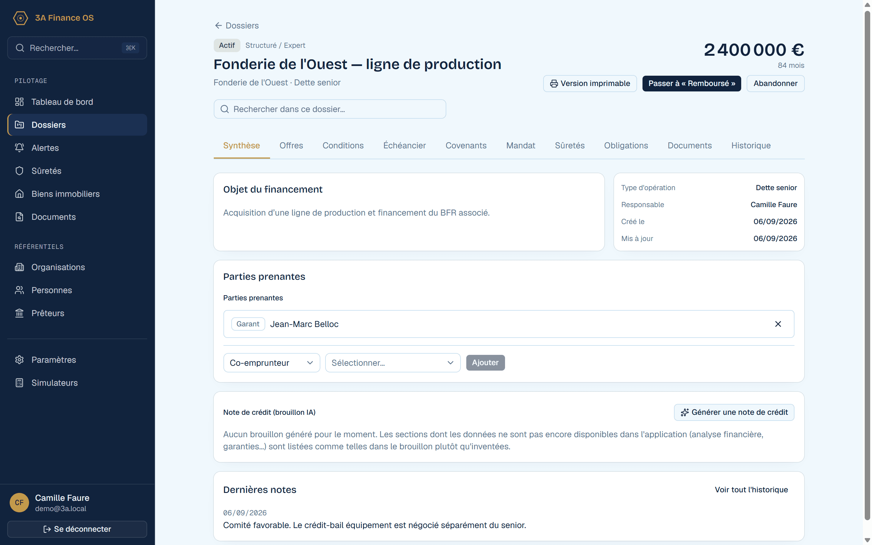 Fiche dossier 3A Finance OS : synthèse, parties prenantes, onglets offres, échéancier, covenants et sûretés
